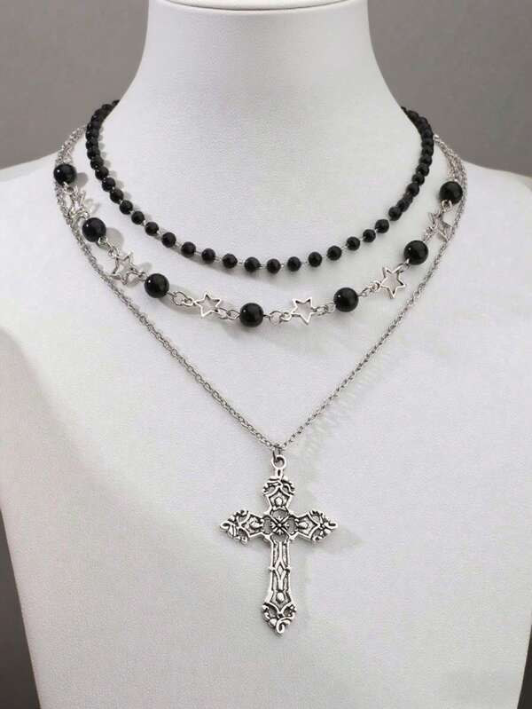 Set da 3 collane in stile bohémien con perle finte nere a forma di croce/pentagramma, con cristalli e perline, include collane a forma di stella, cuore e motivi gotici, adatto a amiche, sorelle, donne, per uso quotidiano