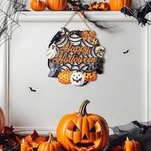 1/110pcs Available 2D Halloween Happy Horror Pumpkin Ghost Spider Web Ring Wooden Wall Decoration Signs Halloween Theme Wall Hanging Signs, Trick Or Treat Party Decoration, Restaurant Decoration, Room Decoration, Home Decoration - Multicolor - View 3