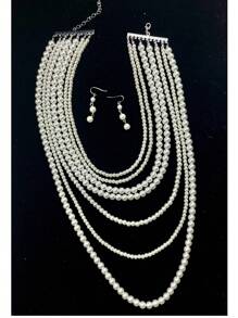 3pcs Vintage Minimalist Multilayer Pearl Sweater Chain Necklace Earrings Jewelry Set