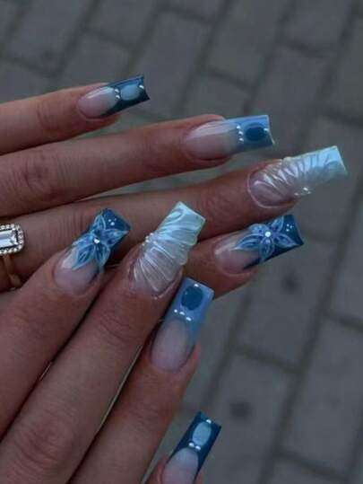 24pcs 3D Floral Nail Stickers, Square Design With Faux Pearl & Rhinestone Decor, French Manicure Style, Medium Flower Shape, Acrylic Fake Nails Set Includes 1 Gel Polish & 1 Nail File, Easy To Wear. Blue Nail Art, French Tip Nail Stickers, Suitable For Women's Daily Work, Festivals And Parties. Nail Supplies