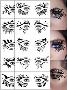 10Pcs Eye Tattoo Stickers, Halloween Series, Black Bat Spider Web Black Cat Halloween Element Designs, Waterproof Realistic Temporary Face And Eyelid Makeup Tattoos, Suitable For Parties - Multicolor - View 1