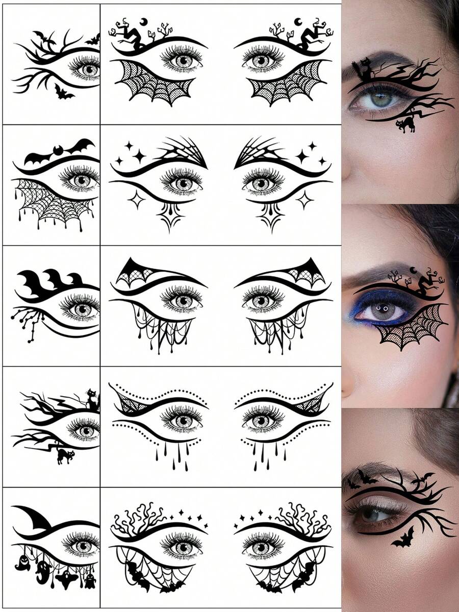 10Pcs Eye Tattoo Stickers, Halloween Series, Black Bat Spider Web Black Cat Halloween Element Designs, Waterproof Realistic Temporary Face And Eyelid Makeup Tattoos, Suitable For Parties - Multicolor - View 1