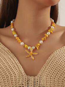 3 Peças Conjunto de Colar e Brincos com Conchas Brancas Estilo Praia, Pedra Natural, Pérola Falsa e Estrela do Mar para Mulheres, Perfeito para Férias na Praia, Festas e Presente do Dia das Mães - Estrela - Visão 9