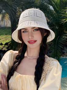 1pc Women Solid Color Knitted Hollow Out Bucket Hat, Simple Fashion Versatile Summer Breathable Sun-Shading Cap, Face Slimming Bucket Hat