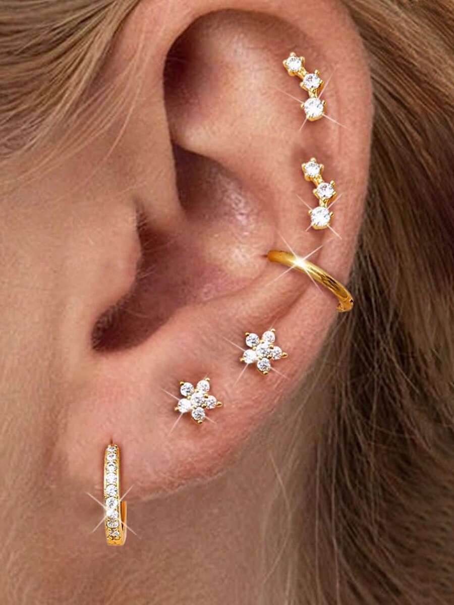 4对简约花卉锆石耳钉，可叠戴，女士款；精致14K镀金夹式耳夹；小巧扁平耳钉，适合耳垂、耳骨及多个耳洞佩戴 - 4Pairs-Gold1# - 查看 1