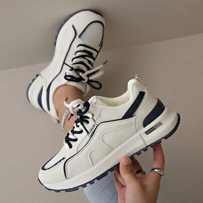 新款女士厚底运动鞋，棕色、米色、蓝色网眼休闲鞋，时尚平底户外厚底运动鞋，四季皆宜