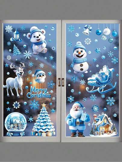 1 Set Christmas Window Stickers, Christmas Window Decor, Reusable Double-Sided Static Cling Christmas Decorative Stickers, Patterns Include Snowman, Reindeer, Bear, Bird, Christmas Decorations