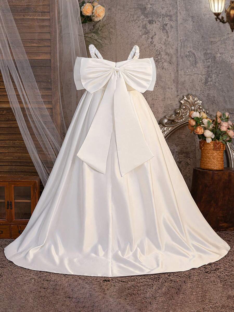 Tween Girls Off-Shoulder Bow Princess Dress, Elegant Trailing White Wedding Formal Gown For Fashion Party, Birthday, Ceremony, Hostess - White - View 1
