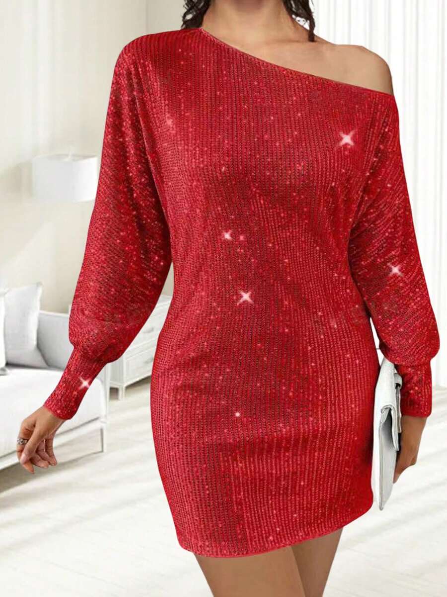 Women's Off One Shoulder Sequined Dress Slim Fit Stylish Sparkly Long Sleeve Mini Bodycon Dress - 紅色 - 查看 1