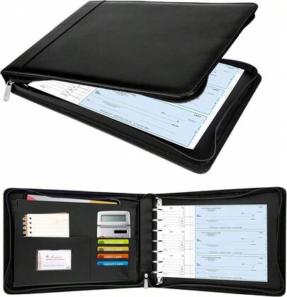 Zippered 7 Ring Business Checkbook Binder Portfolio For 3-On-A-Page Business Checks, 600 Checks Capacity, PU Leather Check Book Binder Cover For 9x13 Sheets, Built-In Storage Organizer, Black,8711695