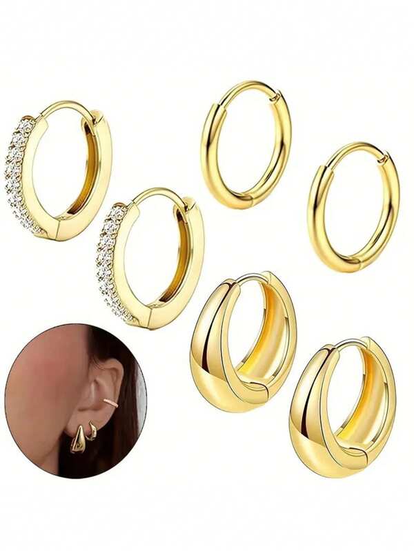 6 piezas Set de pendientes de aro con tono dorado y pendientes con zirconia