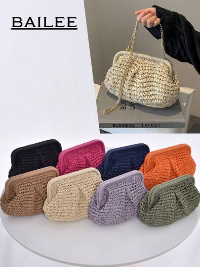 Women's Summer Braided Crossbody Bag With Tassel Chain,Shoulder Paper Woven Beach Handbag Handmade Wallet Purse,1 Light Beige Paper Woven Clutch Bag For Women,Beach Bags,Holiday Essentials,Perfect For Summer Vacation, Ideal Choice For Fashionable Ladies