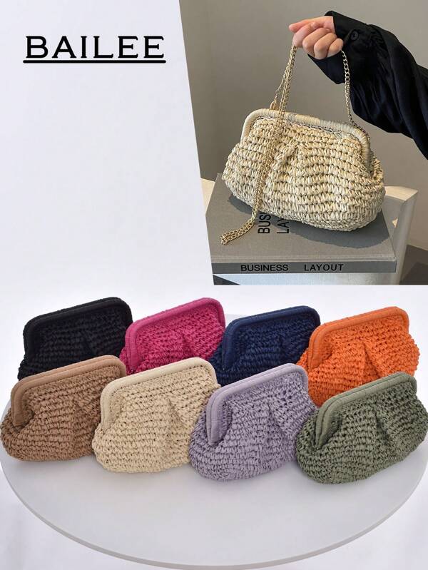 Women's Summer Braided Crossbody Bag With Tassel Chain,Shoulder Paper Woven Beach Handbag Handmade Wallet Purse,1 Light Beige Paper Woven Clutch Bag For Women,Beach Bags,Holiday Essentials,Perfect For Summer Vacation, Ideal Choice For Fashionable Ladies