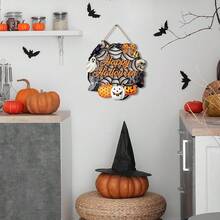1/110pcs Available 2D Halloween Happy Horror Pumpkin Ghost Spider Web Ring Wooden Wall Decoration Signs Halloween Theme Wall Hanging Signs, Trick Or Treat Party Decoration, Restaurant Decoration, Room Decoration, Home Decoration - Multicolor - View 4
