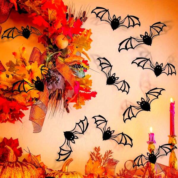 12 pièces Autocollants muraux 3D en forme de chauve-souris pour Halloween - Matériau PVC, sans alimentation électrique requise, parfait pour la décoration de la chambre à coucher et du salon, décoration d'automne