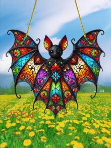 2D 平面，1 件鲜艳亚克力蝙蝠挂饰 - 彩色玻璃效果风格，非常适合万圣节装饰、墙壁艺术、户外使用、钥匙扣饰物、包袋配饰、万圣节装饰 - 彩色 - 查看 8