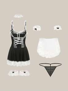 一套女士性感吊带裙蕾丝可爱女仆装套装，包括头带、项圈、腕带和腿环 - 黑色 - 查看 4