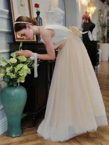 优雅香槟金花童礼服，饰有珍珠蝴蝶结，公主风，适合婚礼、舞会、毕业典礼、生日派对、圣诞节等场合。 - 香檳色 - 查看 5