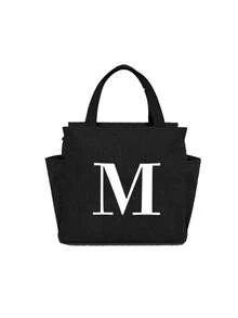 1pc Thermal Bag Double Pocket Lunch Box Bag Large Capacity Print Students Meals Insulated Cooler Bag, Portable Travel Picnic Bag,White Letter Decoration,Thermal Lunch Bag For Office School Lunch Bags Insulated Lunch Bag For Lunchbox Lunch Container For Work Office Holiday For Vacation For Men For Women For Camping School Lunch Box Multifunctional(A-Z) Bag For School School Accessories School Stuff Lunch Bag For Women - Black - View 13