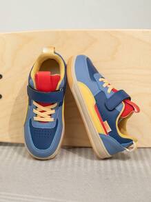 1 Pair Children's Mid-Top Sports Shoes, PU Leather Casual Running Shoes, Easy Slip-On , Lightweight Non-Slip Breathable Comfortable, Fashion Patchwork Color, Suitable For Boys And Girls - Blue - View 3