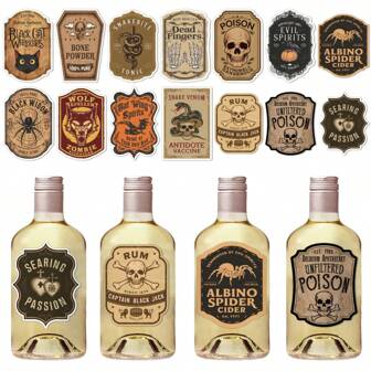 14pcs Halloween Wine Bottle Labels, Scary Halloween Apothecary Bottle Stickers, Vintage Potion Bottle Stickers For Halloween Party Decorations, Halloween Wine Label Decor