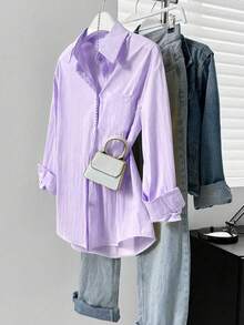 Solid Color Button Front Pocket - Elegant Basic Solid Color Shirt, Fashionable Lapel Long Sleeve Shirt, Casual Shirt For Spring And Autumn, Women's Autumn Clothing - Purple - View 3
