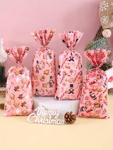 25/50/100pcs Pink Merry Christmas Plastic Gift Bags, Gingerbread Man Pattern, Transparent Candy Bags With Ribbon, 2026 Christmas Decoration, Suitable For Home Christmas Celebration, Durable Party Gift Bags, Gift Wrapping Bags, Winter Holiday Christmas Party Decoration, 2027 Happy New Year, Multi-Purpose Christmas Gift - Multicolor - View 3