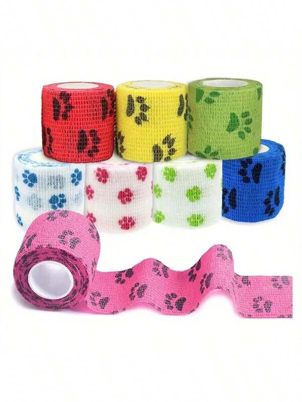 Bandagens autoadesivas para animais de estimação de 1/2/4 peças, bandagens veterinárias adesivas, fita não tecida, adequadas para pernas, patas e feridas de cães, bandagens de 2 cm de largura/44 cm de comprimento, design de pegadas multicoloridas, fita de embalagem respirável, adequada para cães e gatos de estimação, bandagens de proteção esportiva duráveis