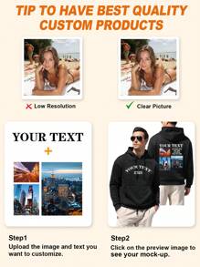 Customized Photo & Text Men's Hoodie Sweatshirt, Personalize With Your Own Image, Landscape/Cartoon/Lover/Family, Text/Name/Blessing/Holiday/Anniversary, Customized Text, Birthday/Valentine's Day/Father's Day/Party/Birthday Gift, Halloween/Back To School/Christmas Holiday, Autumn/Winter Clothing, Gift For Him Black Tops, Men's Fleece Hoodie, Autumn/Winter Fleece Casual Pullover Hoodie, Men's Black Jacket, Best Friend Gift