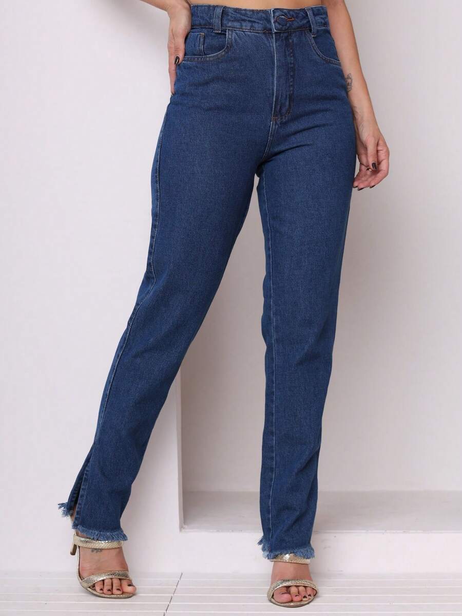 Pencil Jeans/Slit/Fashion In 2025 - 深色水洗藍 - 查看 1