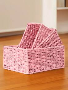 1pc/3pcs Handmade Woven Storage Basket, Tabletop Organizer Tray For Cosmetics, Keys, Snacks, Home Decor, Bedroom, Living Room, Study, Office, Valentine's Day Gift, S/M/L Size Available - Pink - View 4