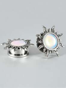 1Pair Retro Shiny White Flash Sun Saddle Ear Plugs Tunnels Stainless Steel Pulley Thread Ear Strengther Gauge Expander Weight Piercing Body Jewelry - 1 Pair Of White Flash Sun Ear Expansion - View 13