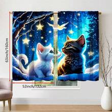 2 件可爱小猫窗帘 - 俏皮猫咪设计，蓝色窗帘和闪烁灯光，耐用涤纶面料，半透明，适用于客厅或卧室装饰（不含杆），卧室窗帘 | 猫咪主题装饰 | 杆袋风格，客厅窗帘 - 彩色 - 查看 22