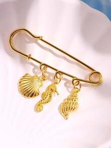 1 件金属海星、海马、贝壳、棕榈树胸针，女士休闲海滩派对珠宝 - 彩色 - 查看 13