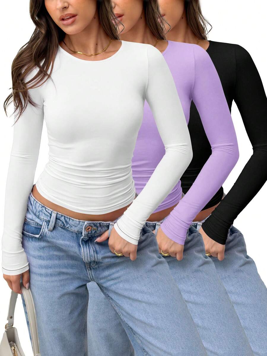 3 Pack Womens Crop Workout Tops Women Pack Summer Gym Athletic Compression Undershirts Cute Tight Basic Tops Tee - Light Purple+Black+White - View 1