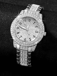 2 pezzi in set: orologio al quarzo con numeri in cristallo argento e bracciale con maglie cubane, accessorio di moda regalo per feste, compleanni