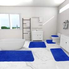 5-Piece Bathroom Rugs Set - Ultra Soft Velvet Fleece Mats, Non-Slip Absorbent Machine Washable, Contour & Toilet Lid Cover, Rectangular Mats For Modern Bathrooms, Thick Pile Foot Massage, Perfect For Bedroom Decor, Tub, Toilet Floor, Shower Room - Màu xanh lam - Xem 8