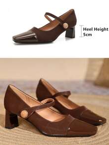 女士新款便捷魔术贴高跟鞋，粗跟舒适方头时尚春秋百搭中跟玛丽珍工作办公鞋，黑色，优雅 - 棕色 - 查看 3