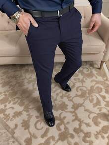 商务休闲弹力长裤，带皇冠刺绣，弹性亲肤面料，夏季透气 - 藏蓝色 - 查看 5