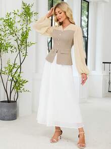Women's Elegant Front Button Decor Chiffon Patchwork Blouse And Colorblock Pleated Midi Skirt Set