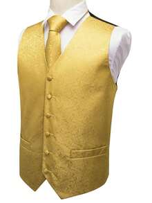 Mens Waistcoat Gold Paisley Vest Tie Handkerchief Cufflinks Set Tuxedo Gilet Wedding Formal Casual - 金色 - 查看 4