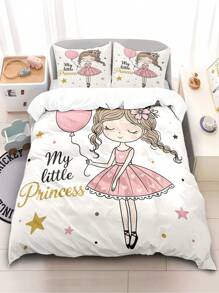 4 件我的小公主印花羽绒被套和枕套套装，带羽绒被套的床上用品套装，柔软顺滑的拉链设计，适用于客房、卧室、单人/双人床（包括 1 个羽绒被套 + 2 个枕套 + 1 张床单，不含被子或枕头）