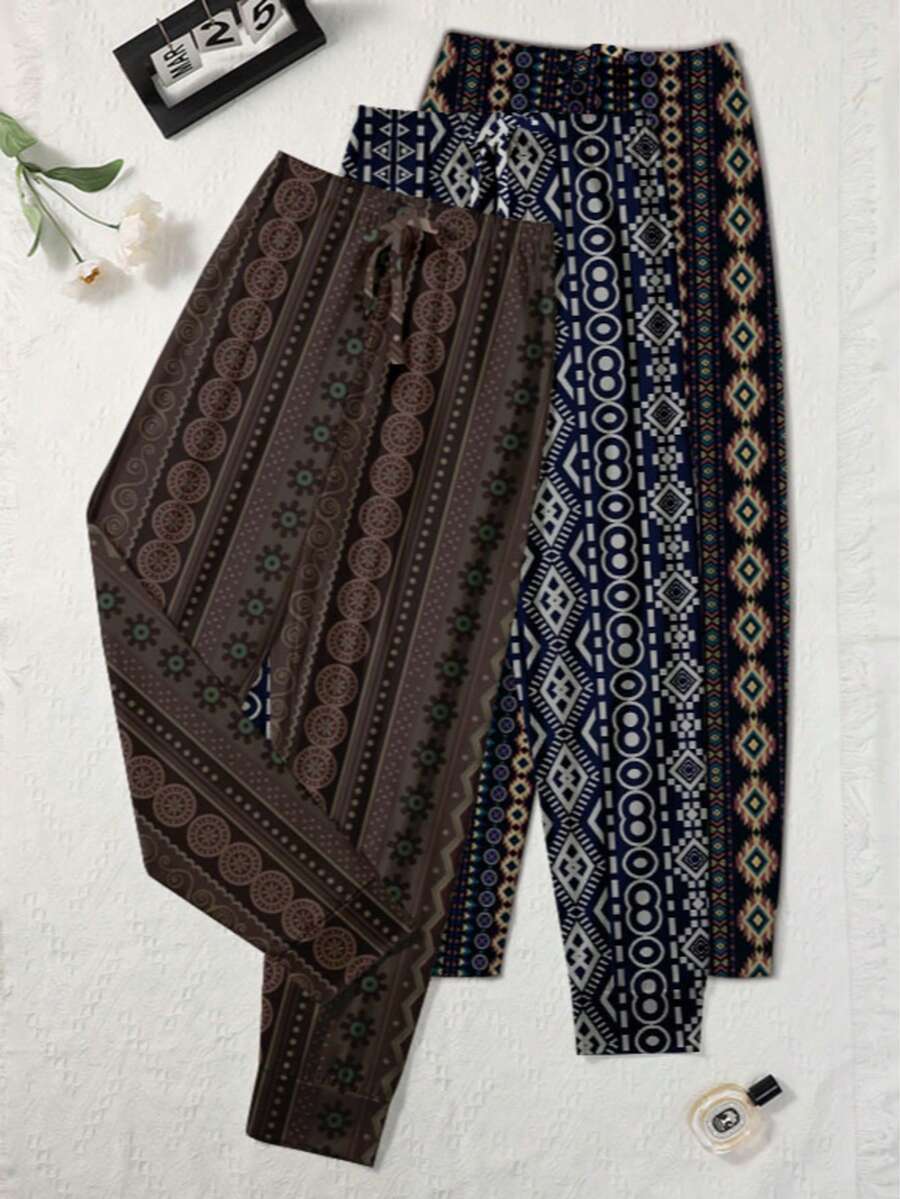 3pcs Comfortable Retro Print Women's Pajama Pants, Polyester Knit Fabric, Casual Style, Lightweight Leisure Sports Pants For Spring, Summer, Autumn, Fall Winter Clothes - 彩色 - 查看 1