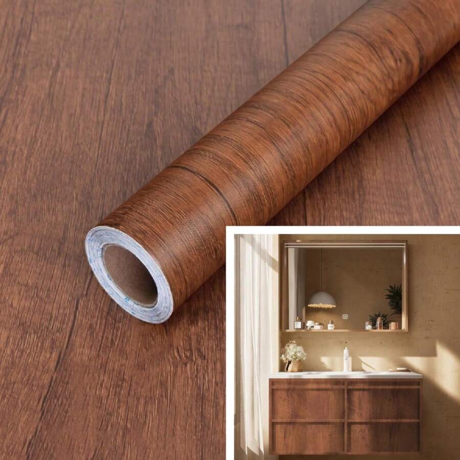 1卷棕色木纹壁纸，简约装饰风格，自粘可移除乙烯基壁纸，适用于厨房、浴室、客厅墙面和家具装饰，DIY即撕即贴，尺寸：17.7英寸 x 196.8英寸 / 118.1英寸 x 39.3英寸