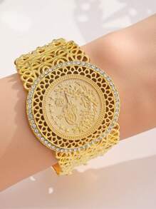New 2025 Dubai Fashion Gold Coin Copper Alloy Bracelet, Exquisite Rhinestone Geometric Bangle, Suitable For Wedding Party Wear Jewelry