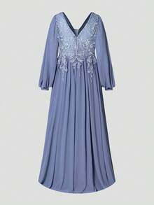 Faeriesty 大码女士优雅刺绣V领长袖A字型正式礼服——及地长款晚礼服，廓形挺括，适合出席黑领结晚宴、歌剧演出、红毯活动、婚礼、慈善舞会、夏季假日装扮、春季派对等场合。 - 霧霾藍 - 查看 11