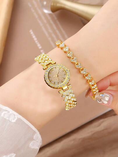 Zestaw 2 modnych i eleganckich zegarków z kryształkami i luksusowym zegarkiem ze stali nierdzewnej z bransoletą i kryształkami, idealny prezent na święto Eid