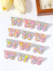 10件裝粉色與白色可愛彩色珠飾水鑽蝴蝶髮夾，亮面不織布髮夾，適合小女孩，側邊髮夾，適用派對與日常配戴 - 彩色 - 查看 2