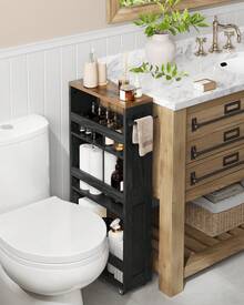 Chariot de Rangement Fin à 4 Niveaux, Étagère de Cuisine avec roulettes, avec Poignée, Petit Espace, 15 x 43,2 x 86,5 cm, Salle de Bain, Buanderie, Noir Boisé et Marron Rustique - Noir - Voir 2