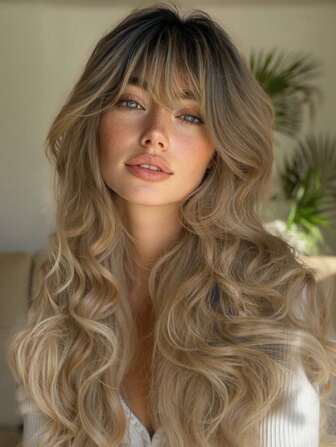 女士长款波浪假发，渐变棕色波浪假发，带刘海，深色发根卷曲金色波浪假发，自然造型合成发质，耐热纤维假发，适合日常派对和节日使用